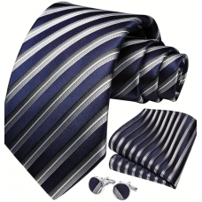 3delige set stropdas pochet manchetknopen donkerblauw zwart zilver Streep